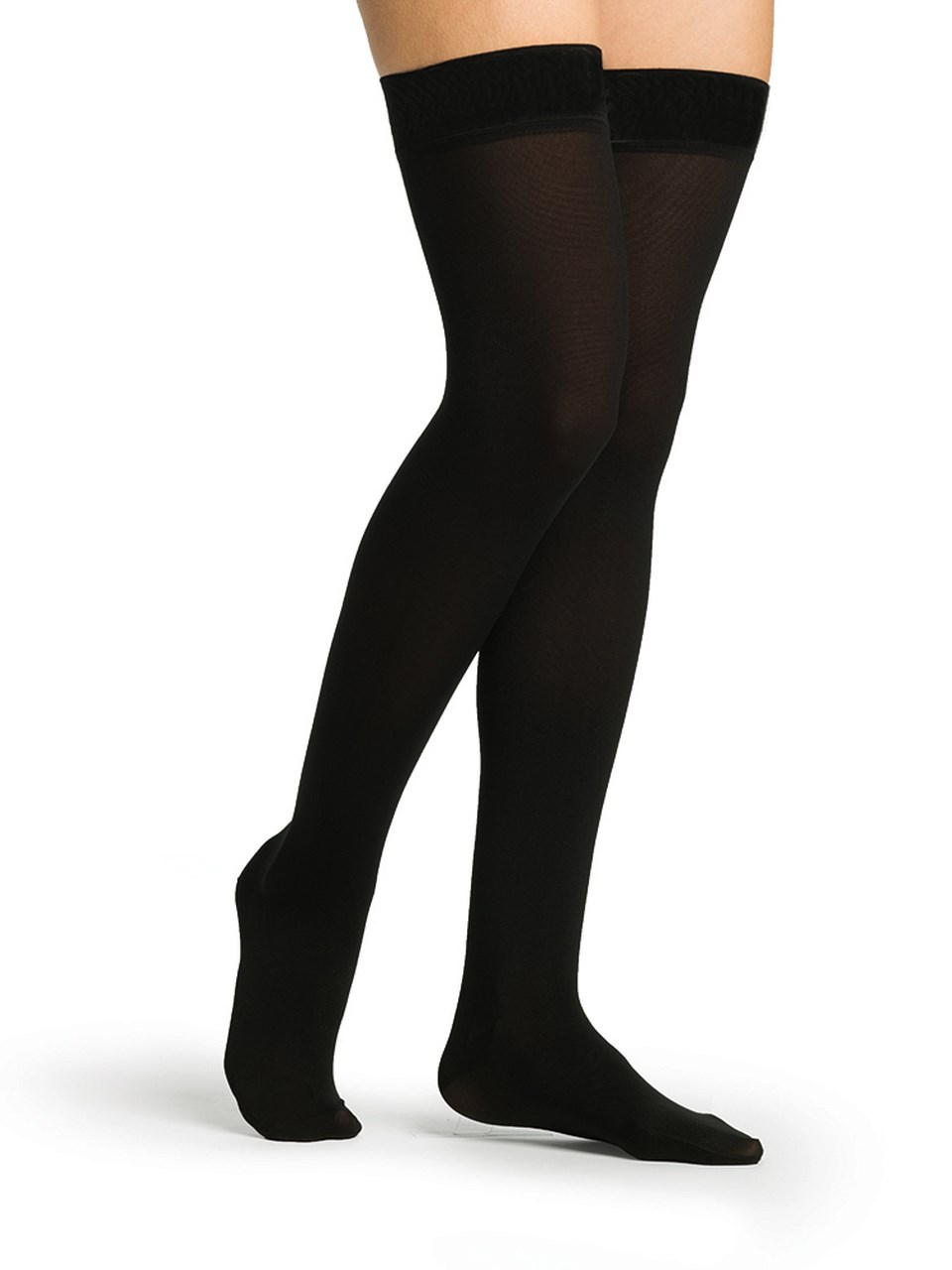 Female wearing SPECIALTY SECURE compression thigh highs in BLACK